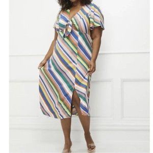 NWT Eloquii V-Neck Slit Let Flutter Sleeve Midi Dress Rainbow Stripe 22